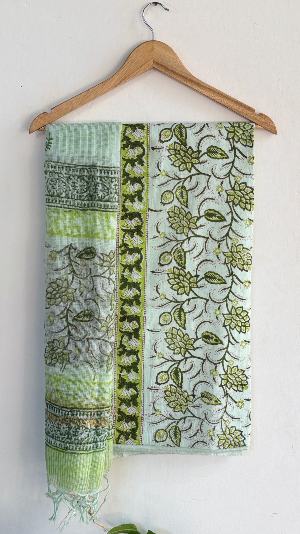 Mint and Green Handblock Printed Cotton Suit Set with Kota Doria Dupatta