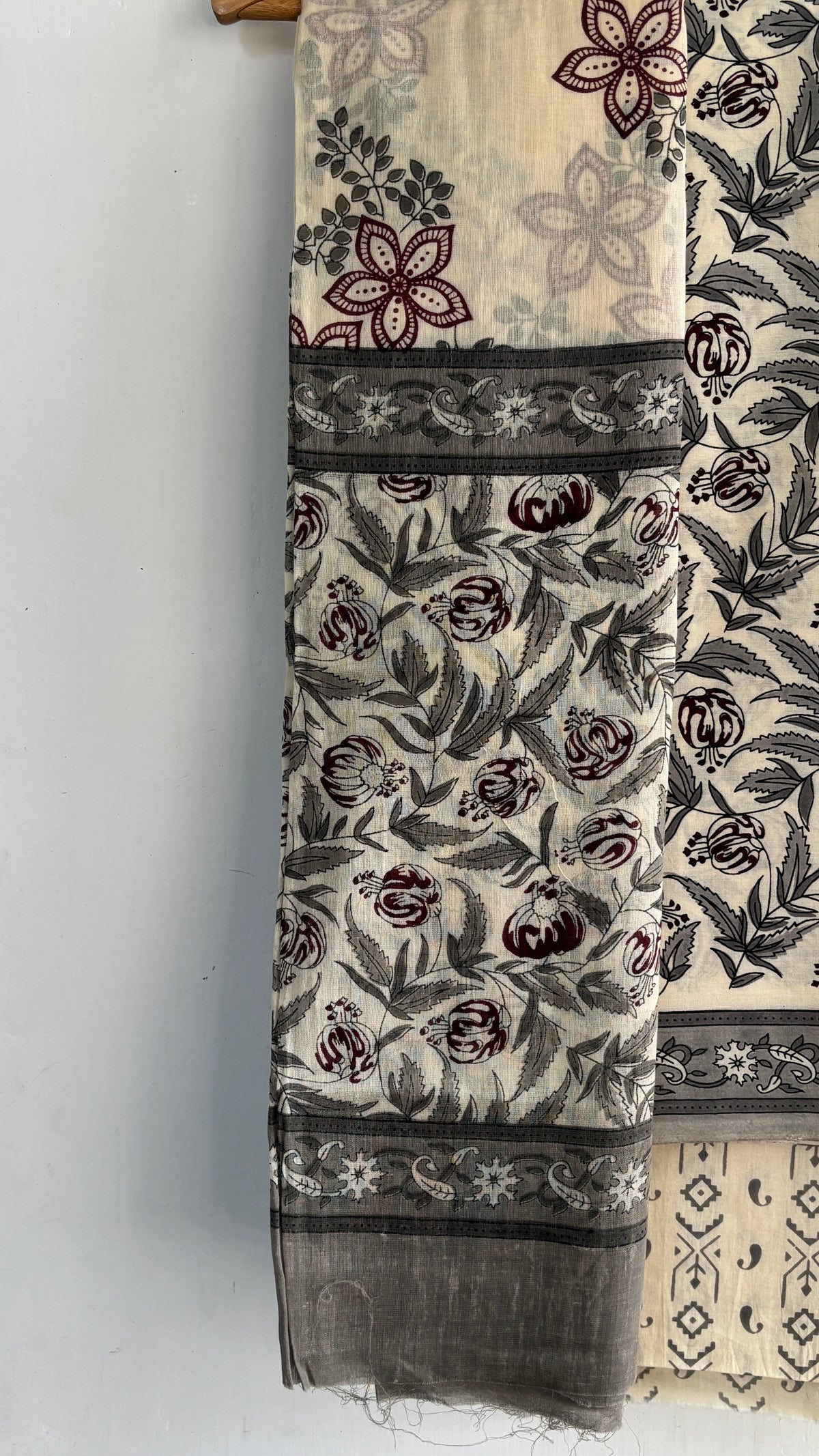 Grey and Maroon Floral Printed Cotton Suit Set with Cotton Dupatta