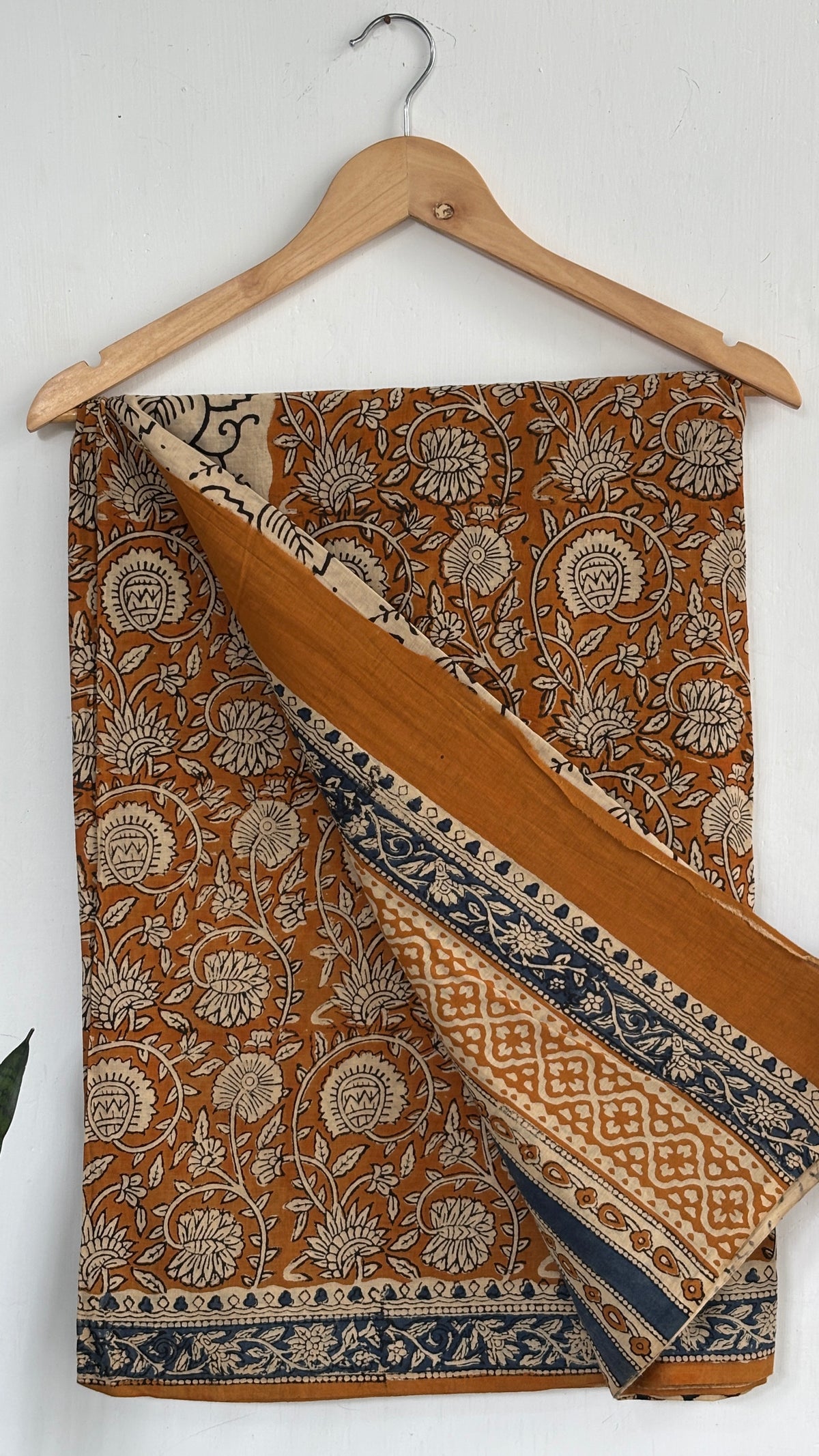 Ochre Brown and Beige Lotus Vine Print Handblock Mul Cotton Saree