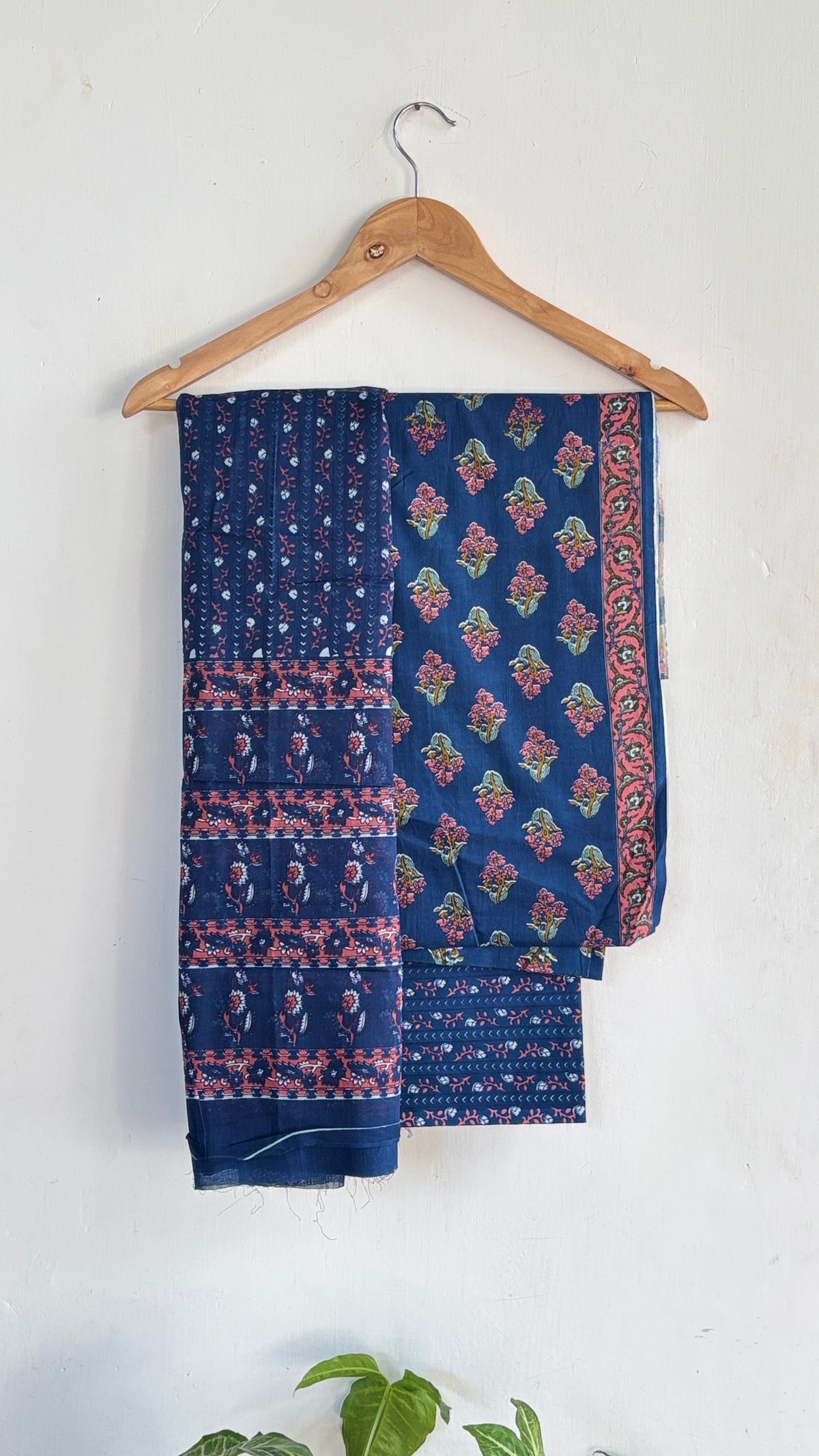 Dark Blue Floral Printed Suit Set with Cotton Dupatta