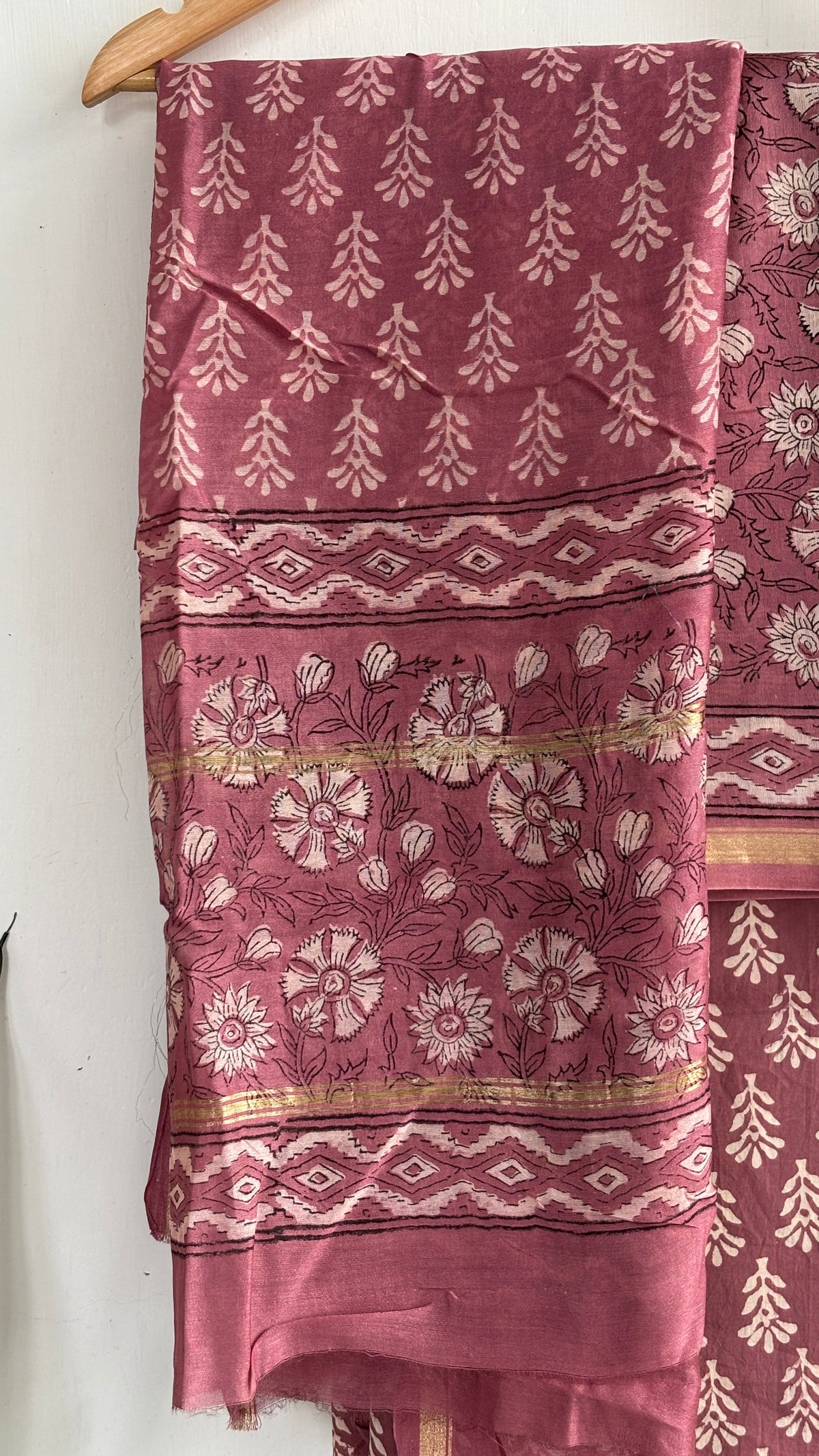 Mauve Floral Handblock Chanderi Silk Suit Set