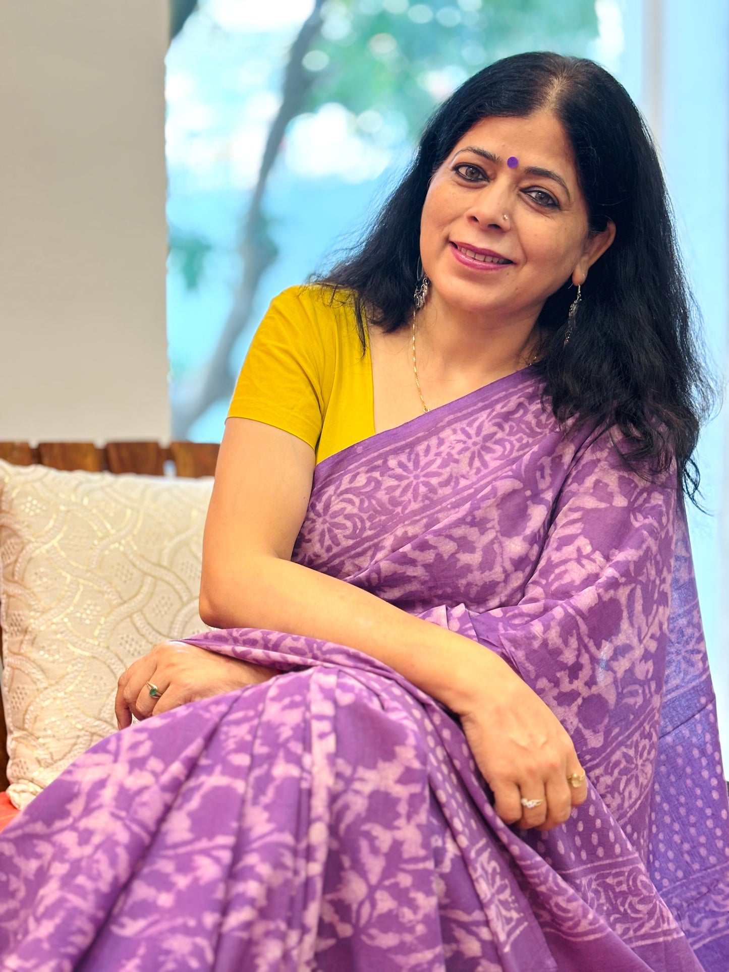 Purple Handblock Printed Mul Cotton Saree