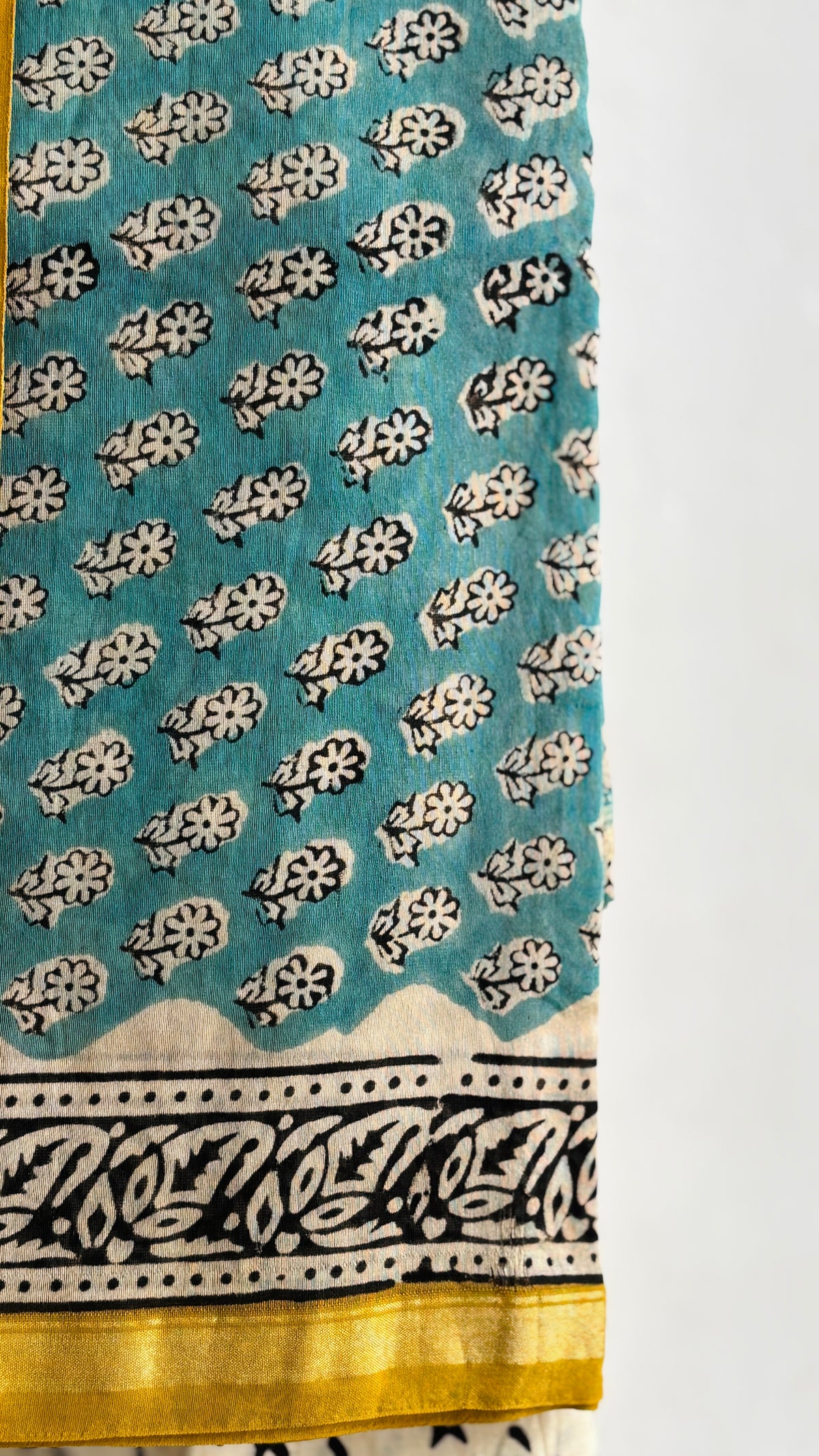 Teal Mustard Floral Handblock Chanderi Silk Suit Set