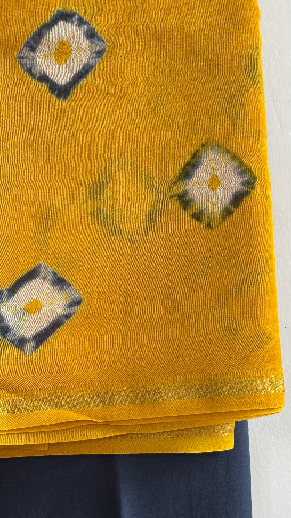 Mustard Yellow & Navy Diamond Motif Chanderi Silk Suit Set