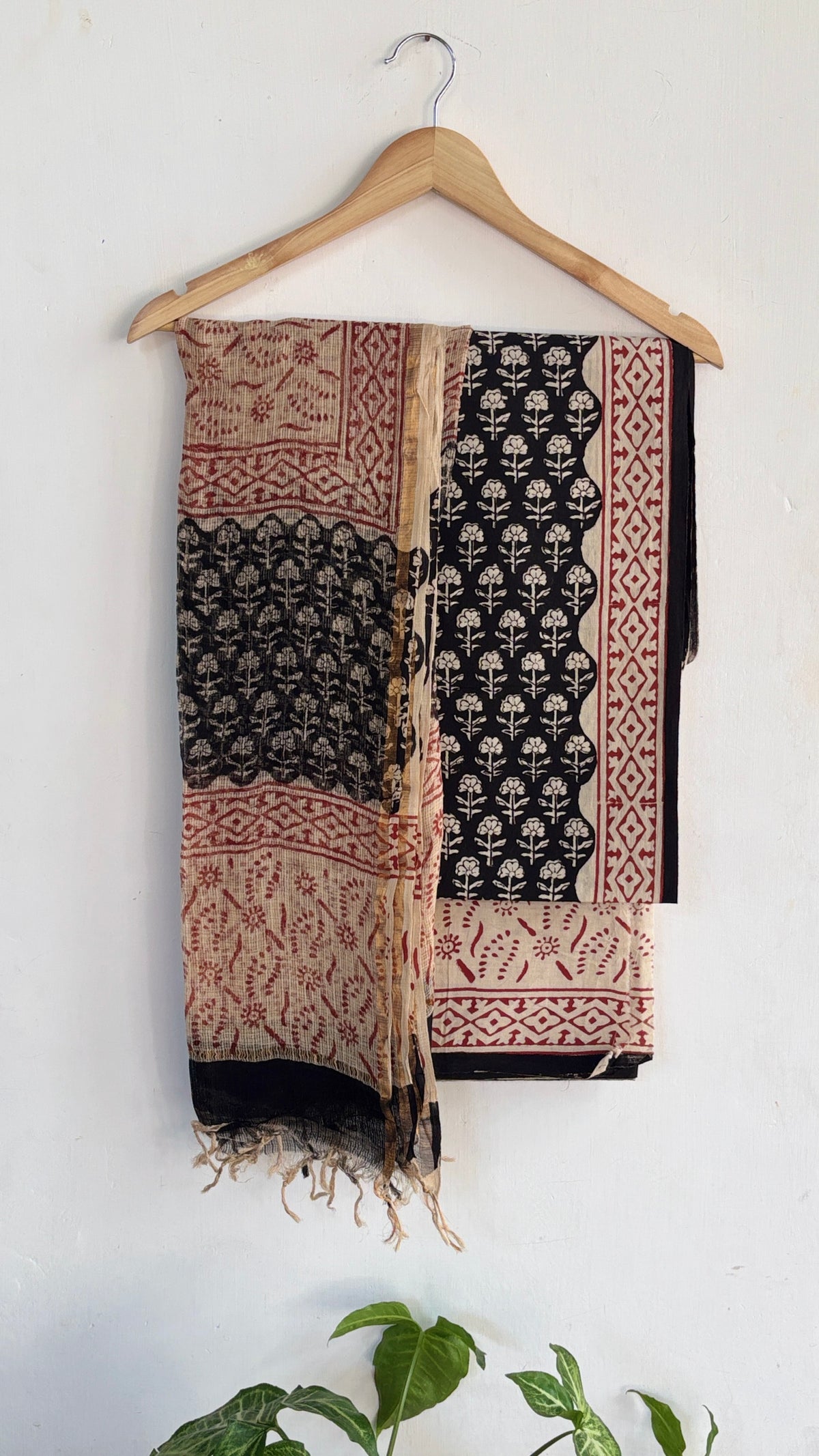 Black and Beige Handblock Printed Cotton Suit Set with Kota Doria Dupatta