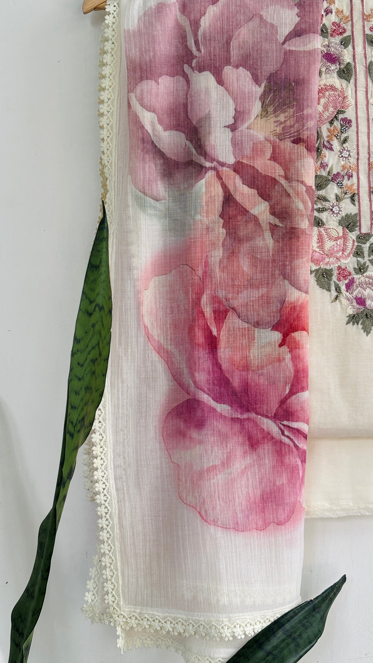 Floral Embroidered Neckline and Floral Printed Chiffon Dupatta with Lace