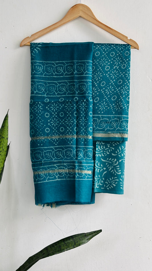 Deep Teal Motif Handblock Chanderi Silk Suit Set