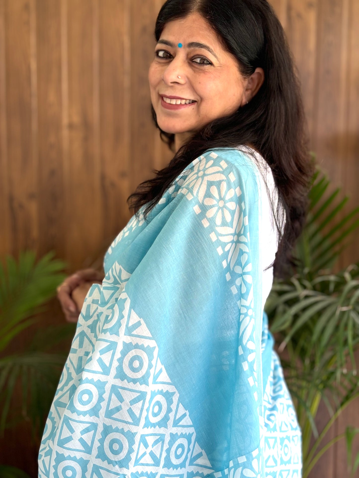 Sky Blue Handblock Printed Mul Cotton Saree