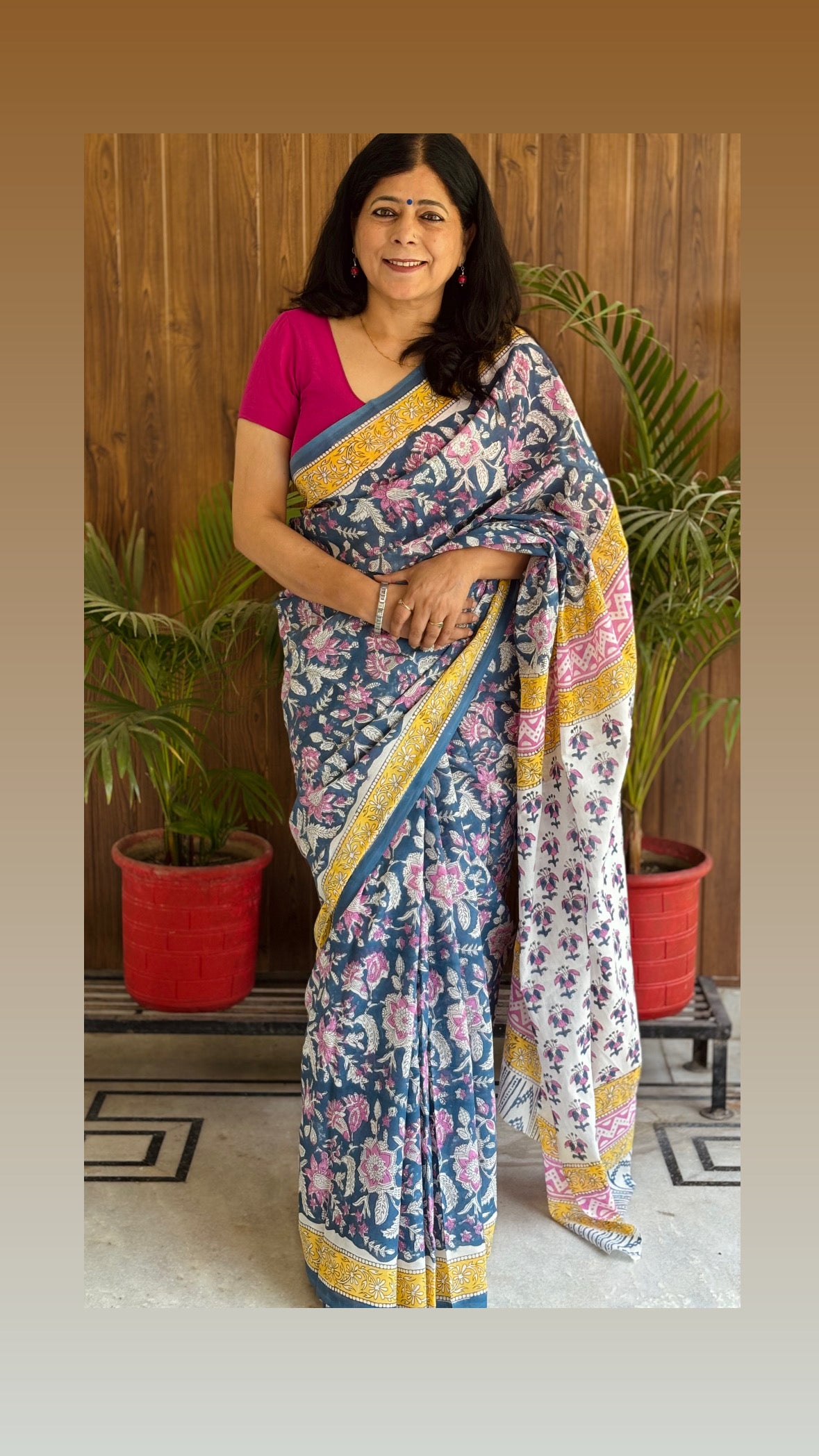 Floral Handblock Printed Mul Cotton Saree