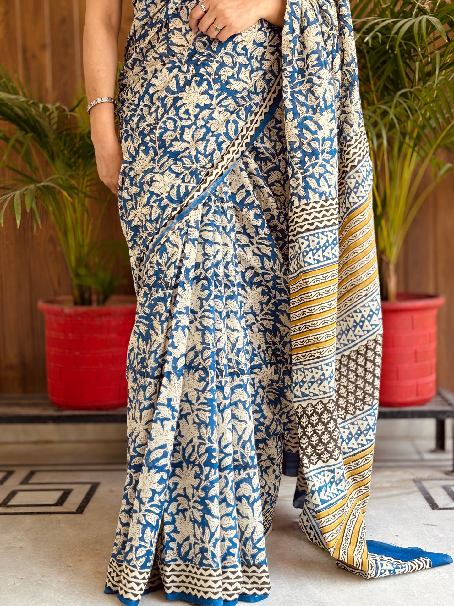 Floral Blue Handblock Printed Mul Cotton Saree