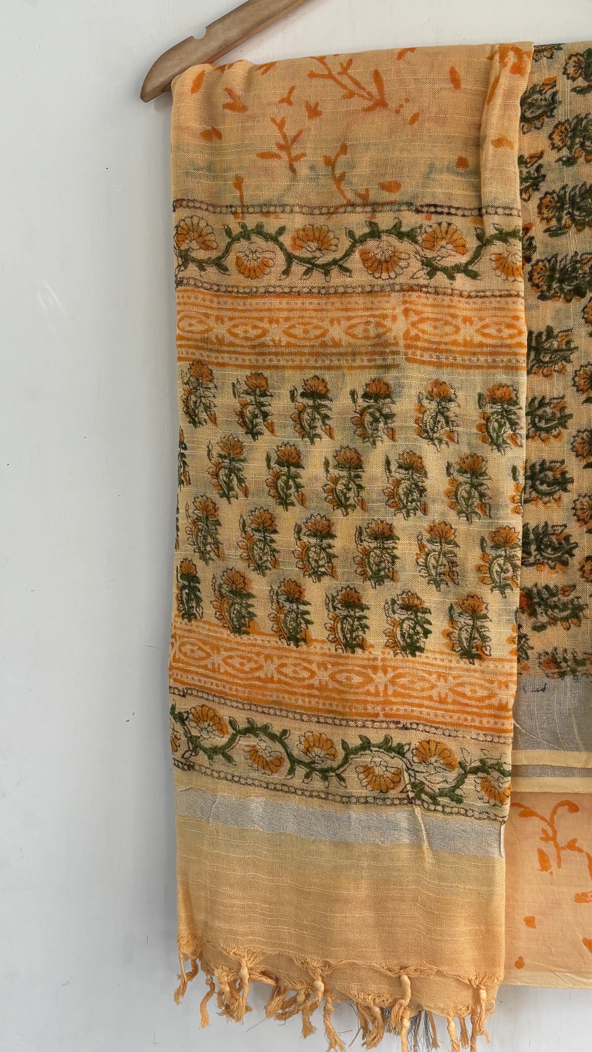 Handblock Printed Lemon Cotton Linen Suit Set with Silver Zari Border