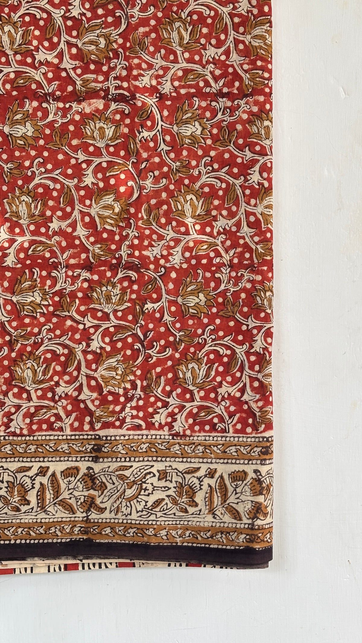 Rust Red and Beige Floral Vine Handblock Mul Cotton Saree