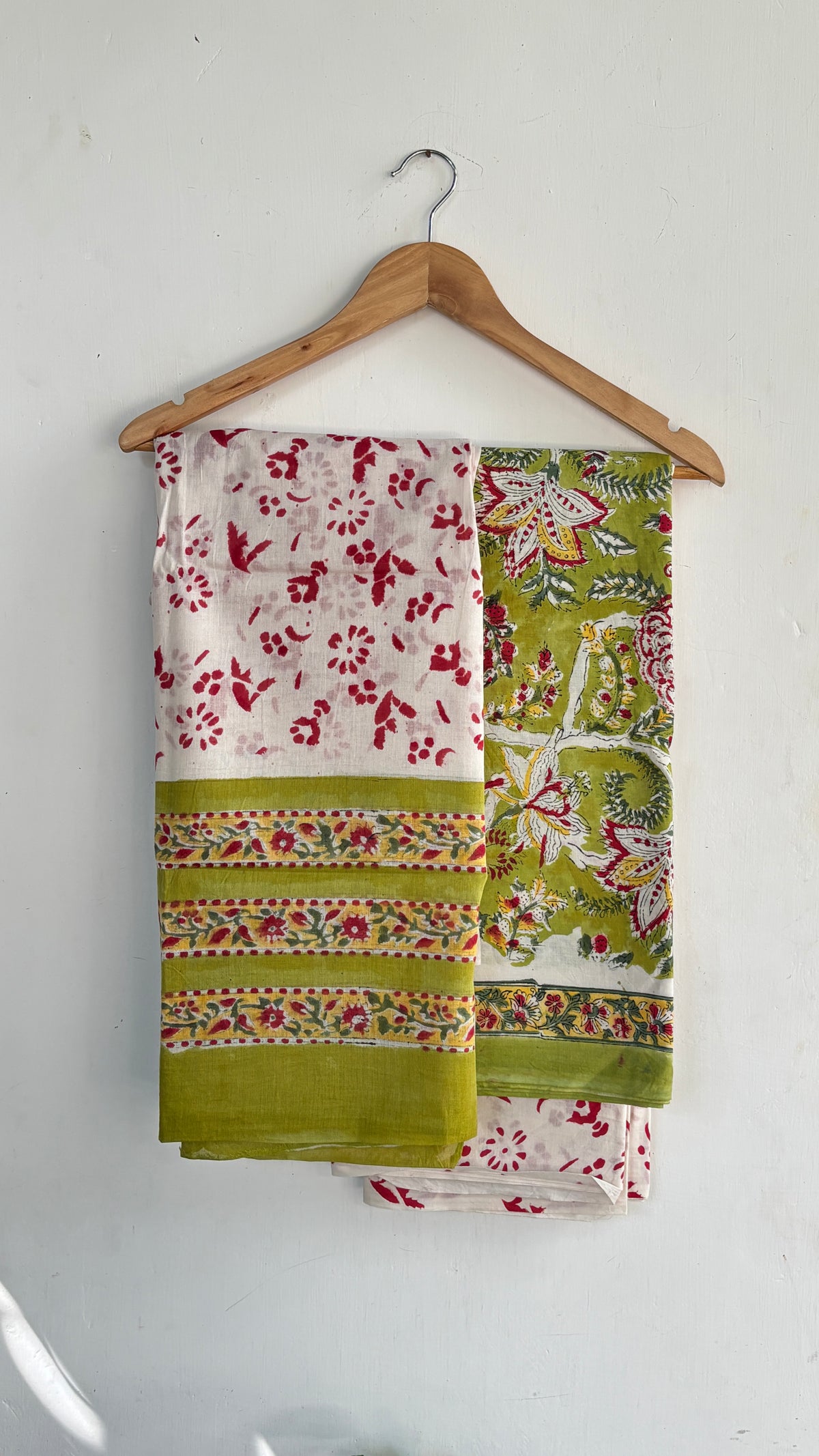 Light Green Handblock Printed Cotton Suit Set with Mul Cotton Dupatta