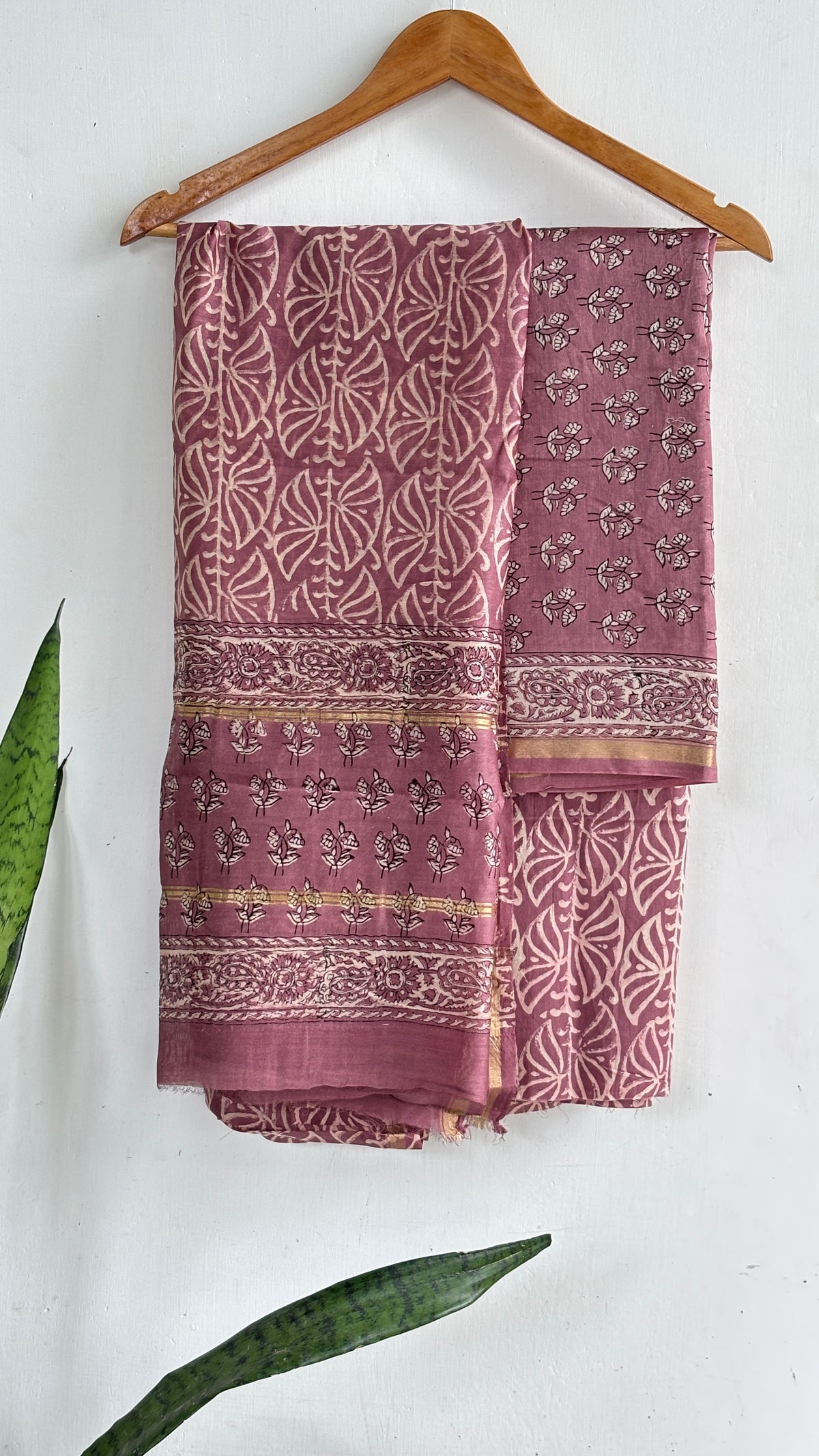 Dusty Rose Leaf & Buti Handblock Chanderi Silk Suit Set