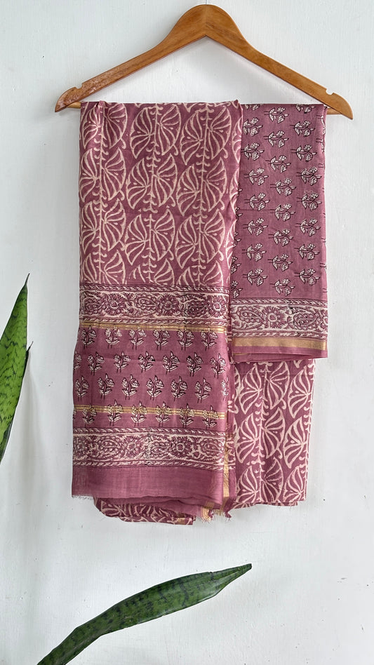 Dusty Rose Leaf & Buti Handblock Chanderi Silk Suit Set