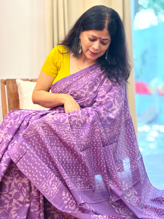 Purple Handblock Printed Mul Cotton Saree