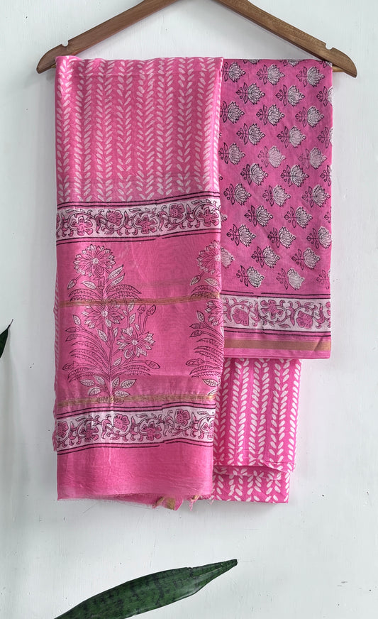 Rose Pink Floral & Buti Handblock Chanderi Silk Suit Set