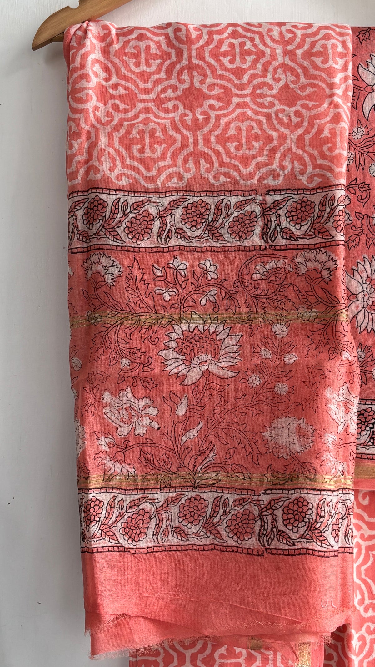 Salmon Pink Geometric & Floral Handblock Chanderi Silk Suit Set