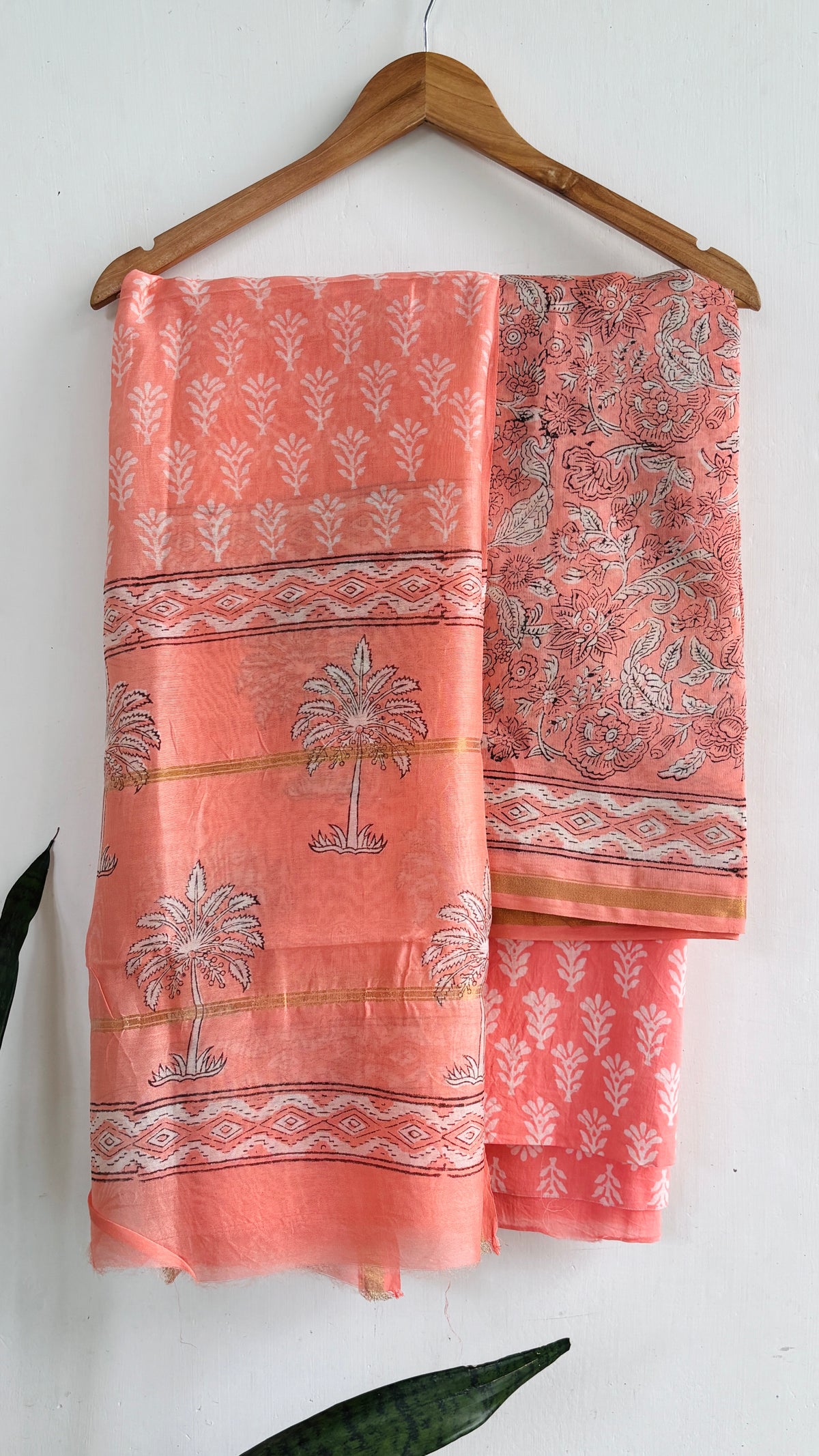 Coral Floral & Palm Handblock Chanderi Silk Set