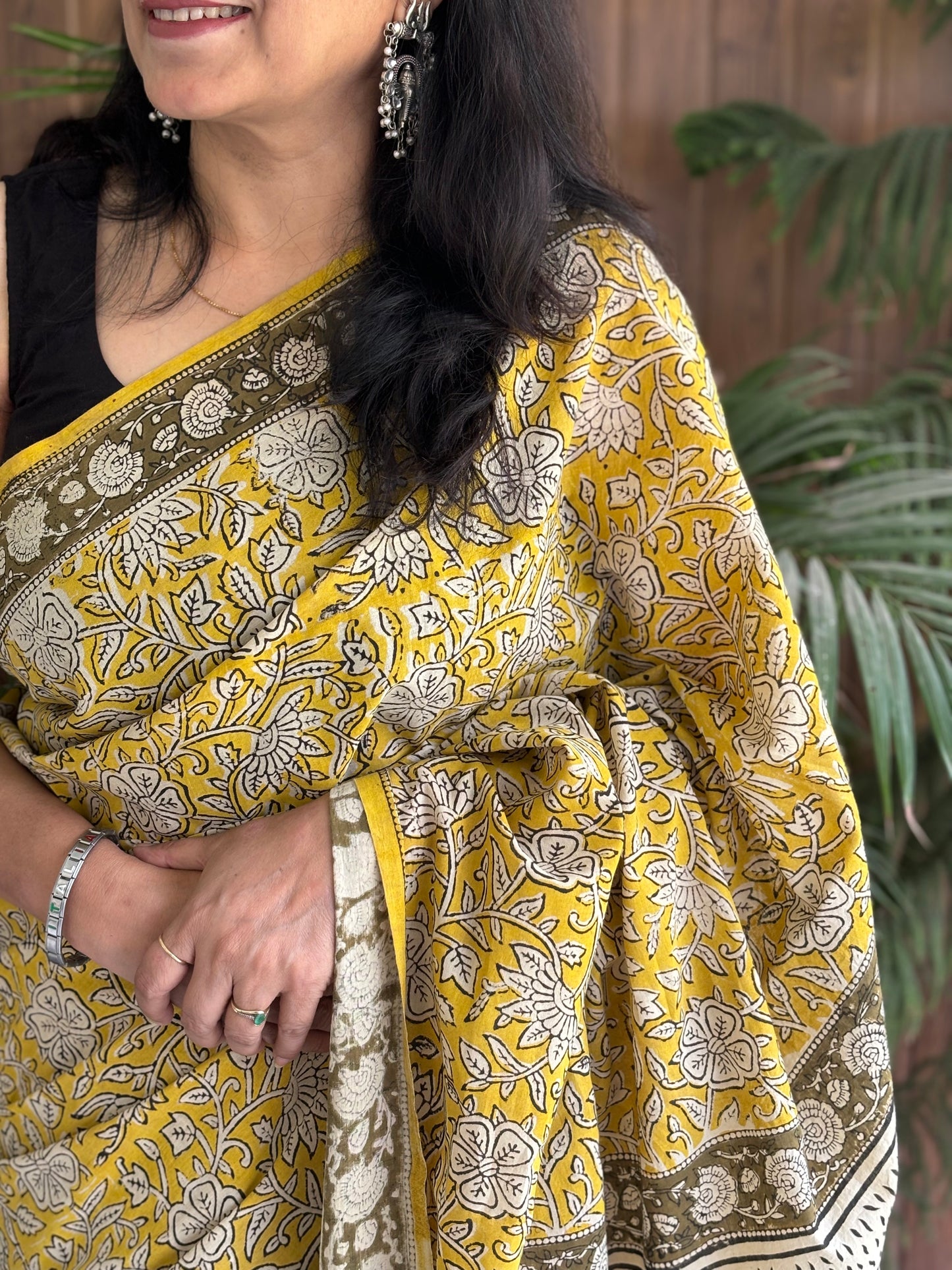 Yellow Handblock Printed Mul Cotton Saree