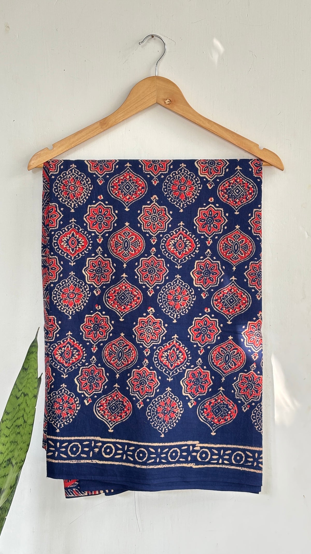 Navy Blue and Red Handblock Printed Mul Cotton Saree