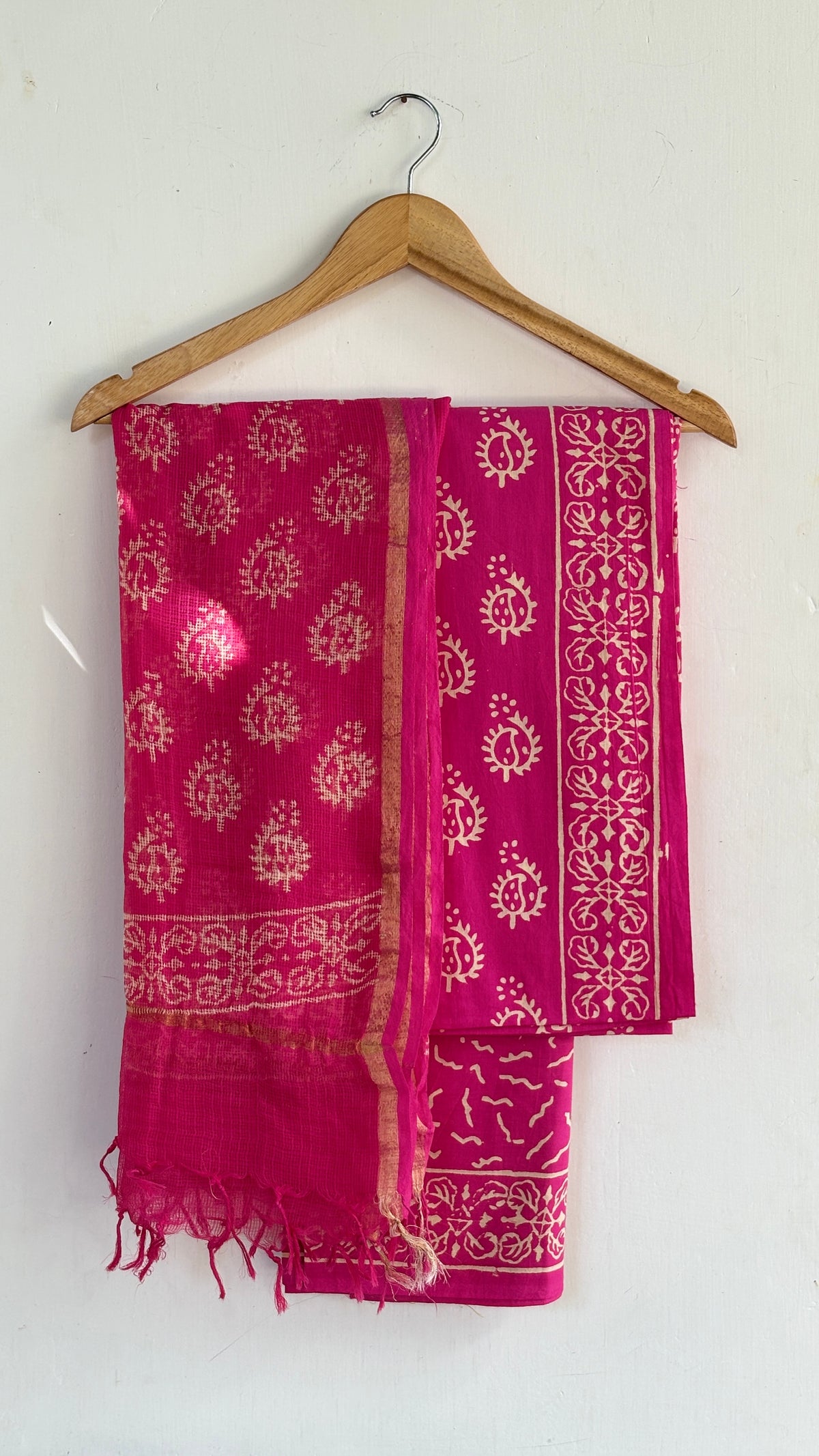 Bright Pink Cotton Suit Set with Kota Doria Dupatta