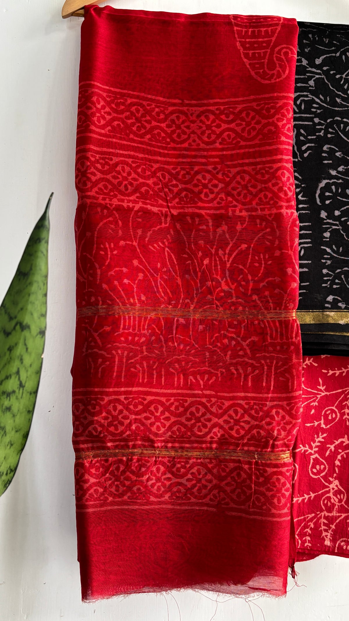 Red & Black Traditional Print Handblock Chanderi Silk Suit Se