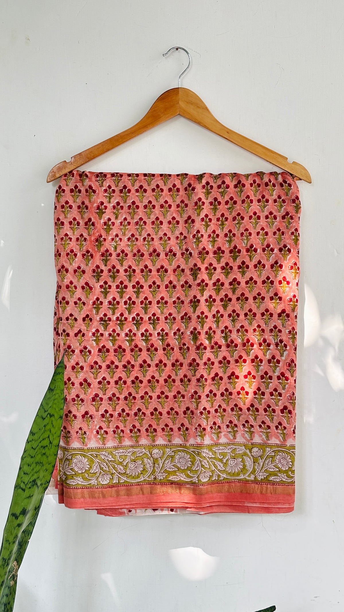 Peach and With Red and Green Handblock Printed Floral Motifs
