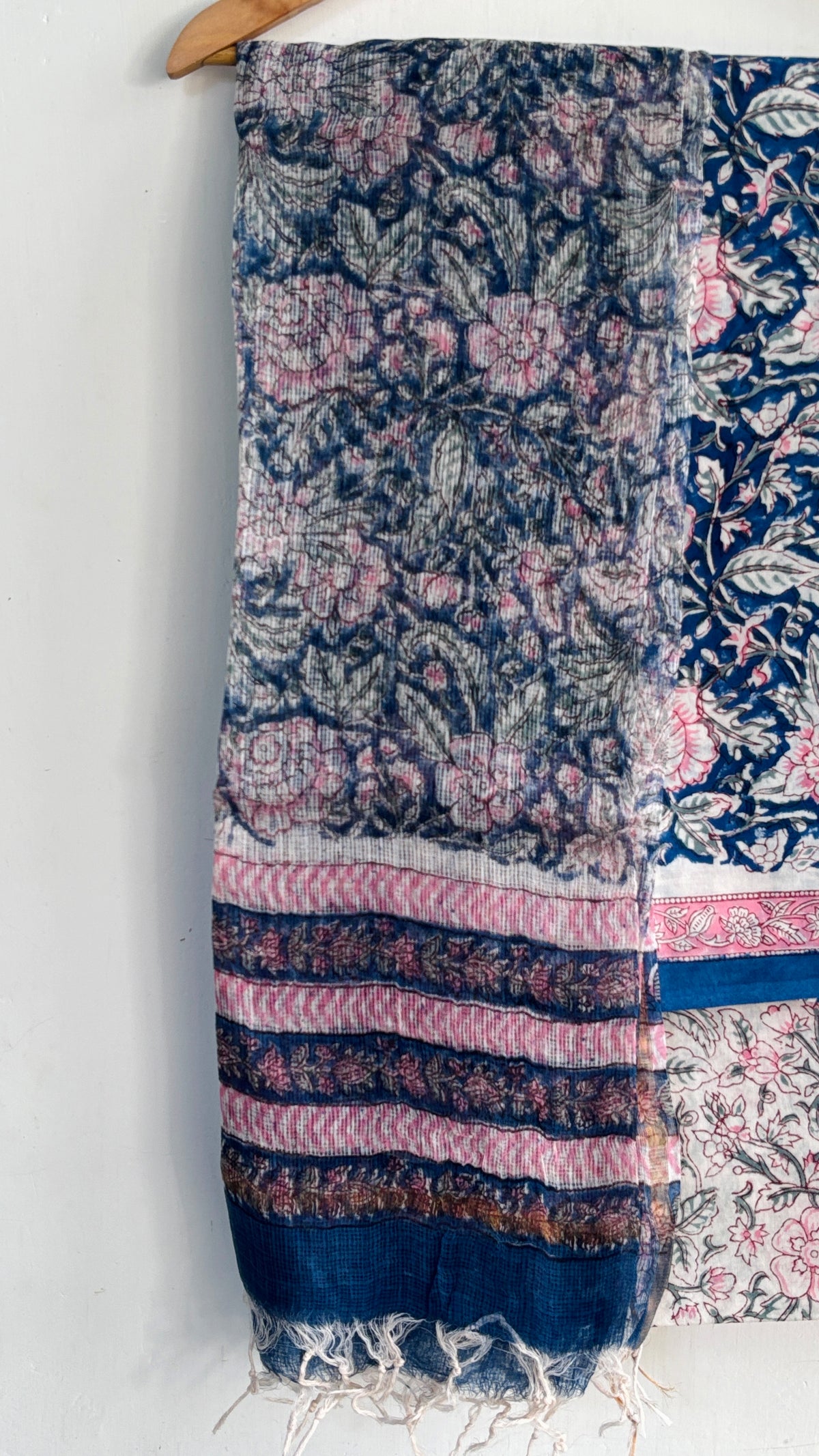 Blue Pink Floral Handblock Printed Cotton Suit Set with Kota Doria Dupatta