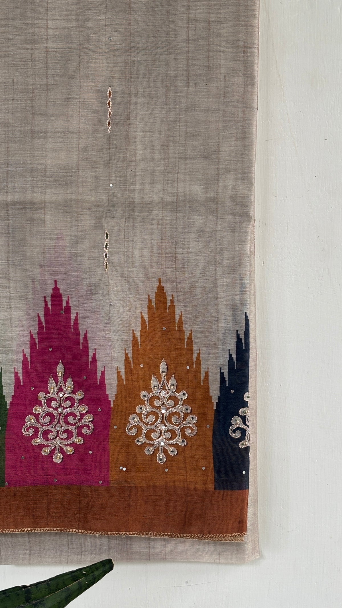 Woven Suit Set with Multicolored Geometric Dupatta and Tassel Detailing
