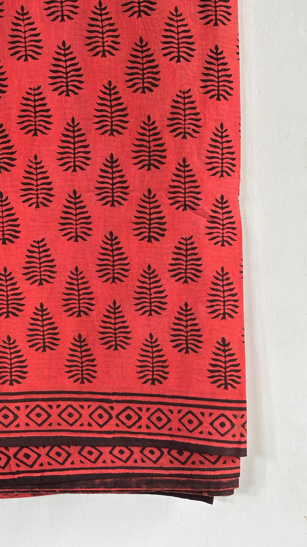 Coral Red and Black Leaf Print Mul Cotton Saree with Black Geometric Border