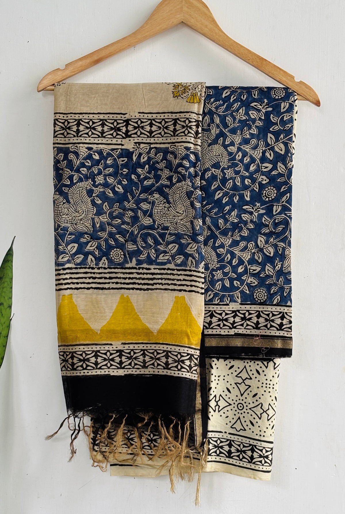 Indigo Mustard Floral Handblock Chanderi Silk Suit Set