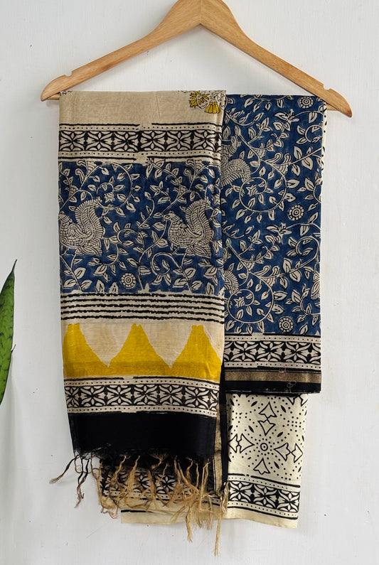 Indigo Mustard Floral Handblock Chanderi Silk Suit Set