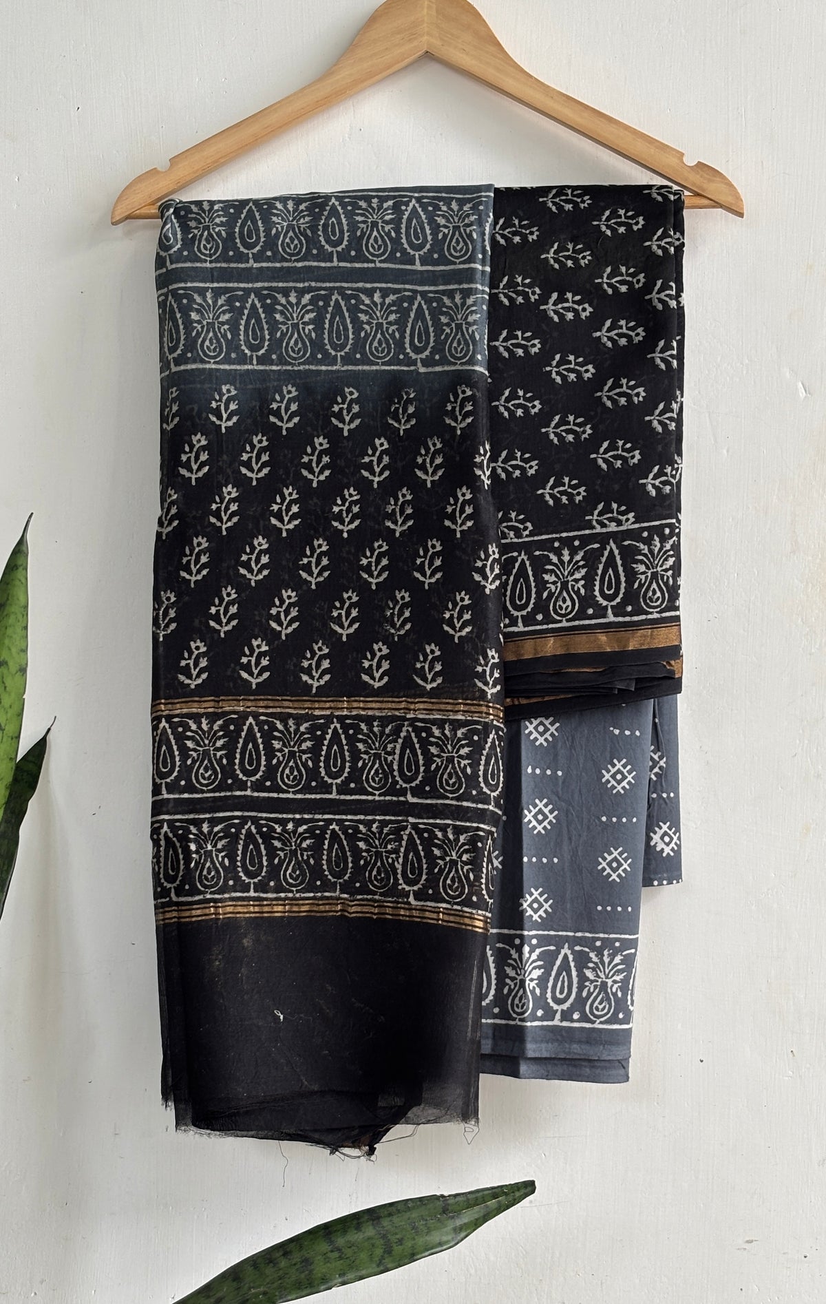 Black & Grey Buti & Paisley Handblock Chanderi Silk Suit Set