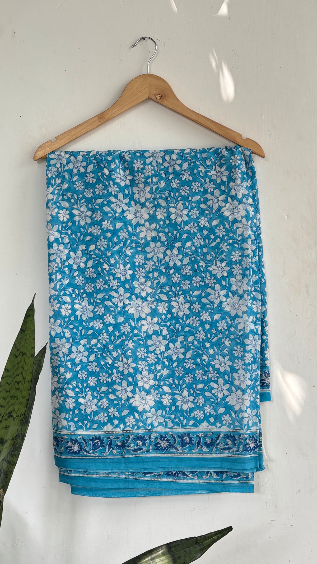Light Blue and White Floral Printed Mul Cotton Saree