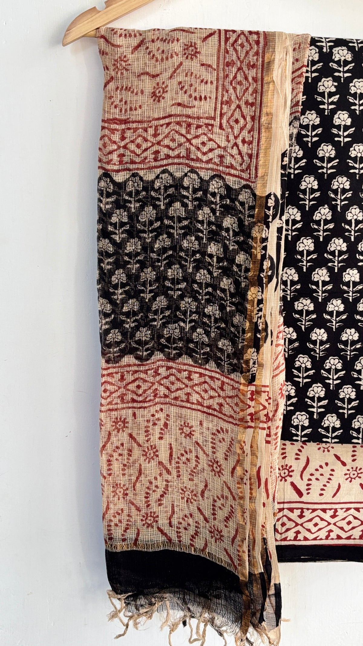 Black and Beige Handblock Printed Cotton Suit Set with Kota Doria Dupatta