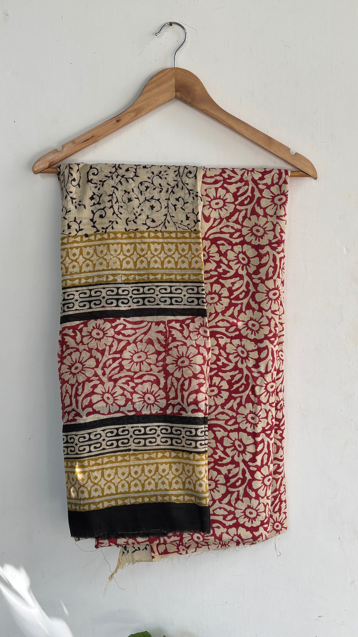 Red and Beige Floral Handblock Printed Cotton Suit Set with Cotton Dupatta