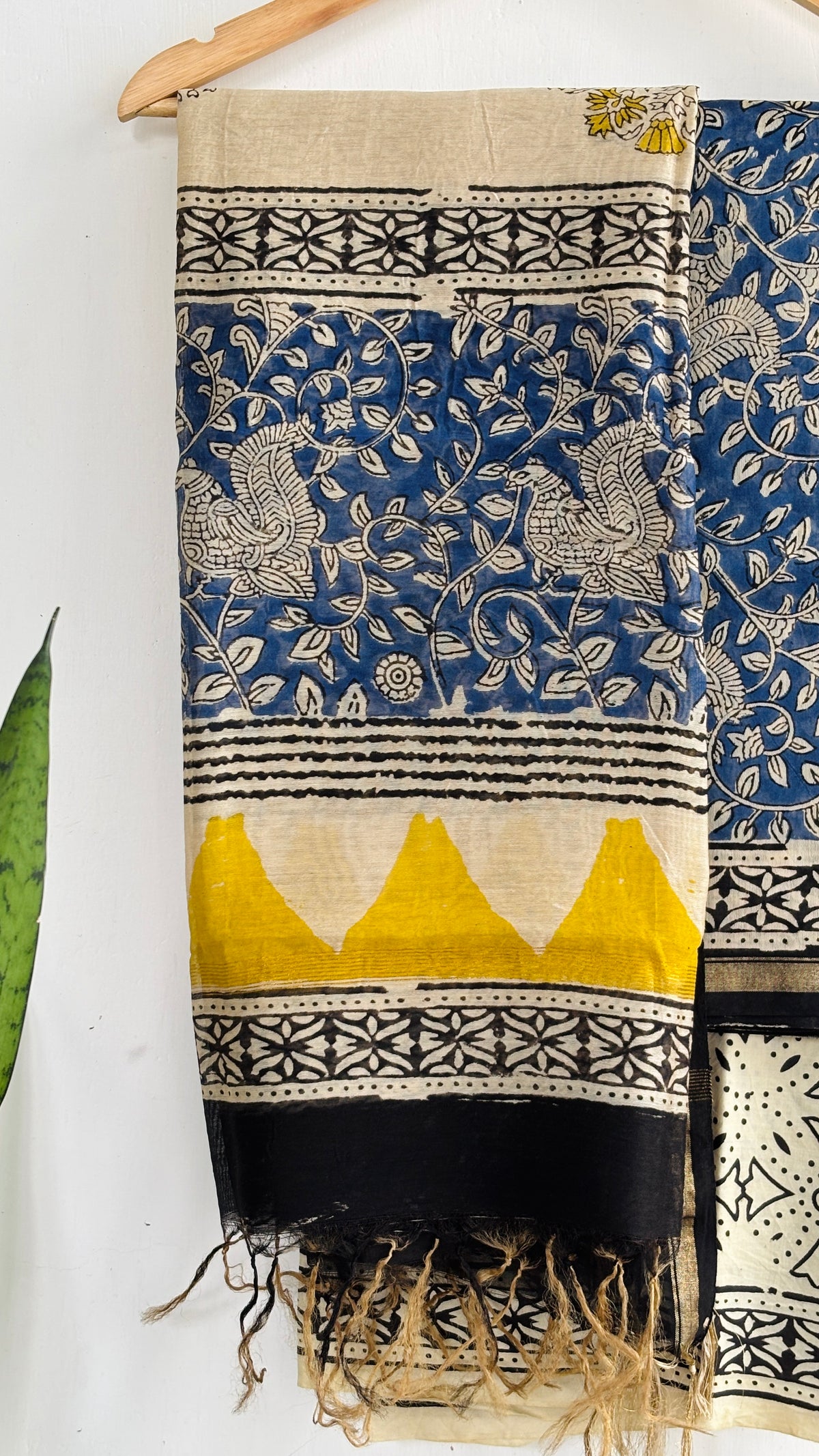 Indigo Mustard Floral Handblock Chanderi Silk Suit Set