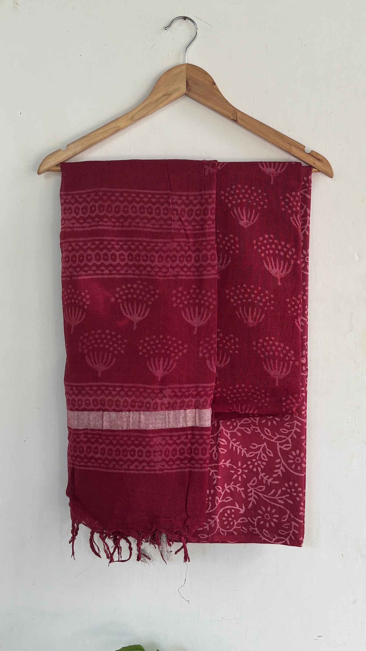 Handblock Printed Cotton Linen Deep Red Paisley Print Suit Set with Cotton Linen Dupatta