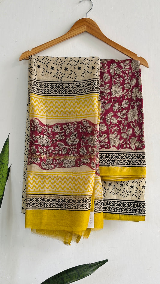 Maroon Mustard Floral Handblock Chanderi Silk Suit Set