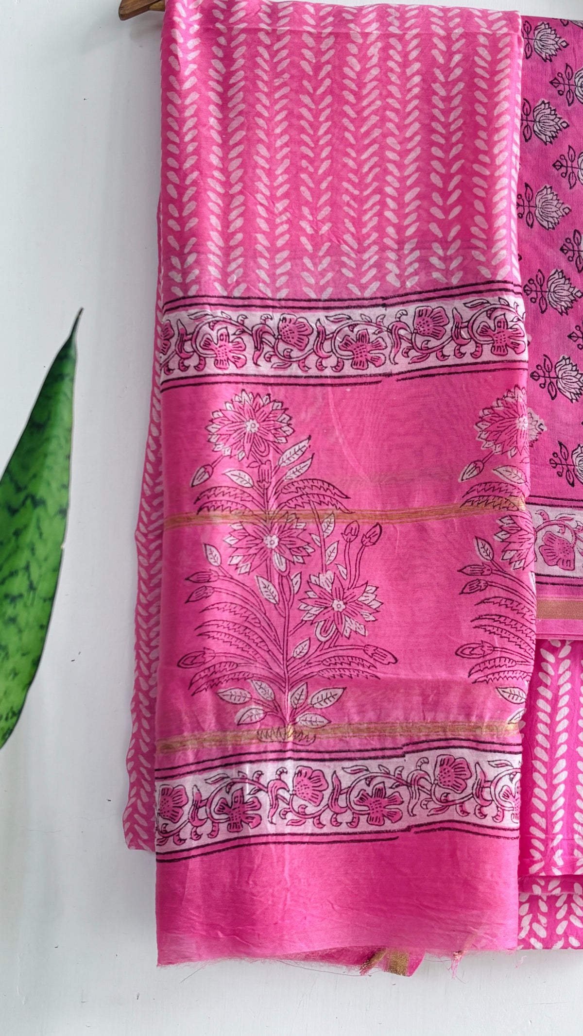 Rose Pink Floral & Buti Handblock Chanderi Silk Suit Set