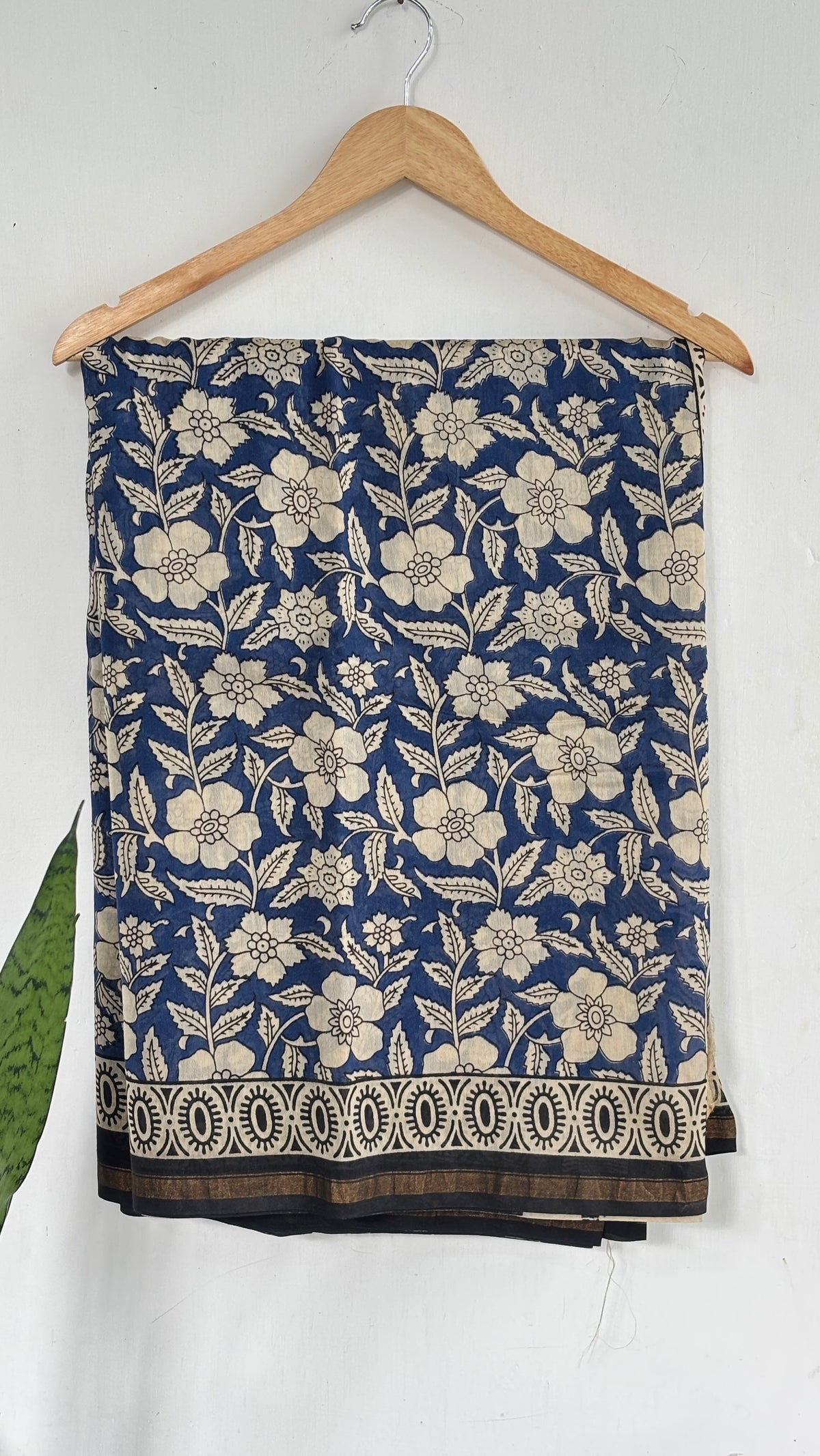 Navy Blue and Beige Floral Vine Handblock Mul Cotton Saree