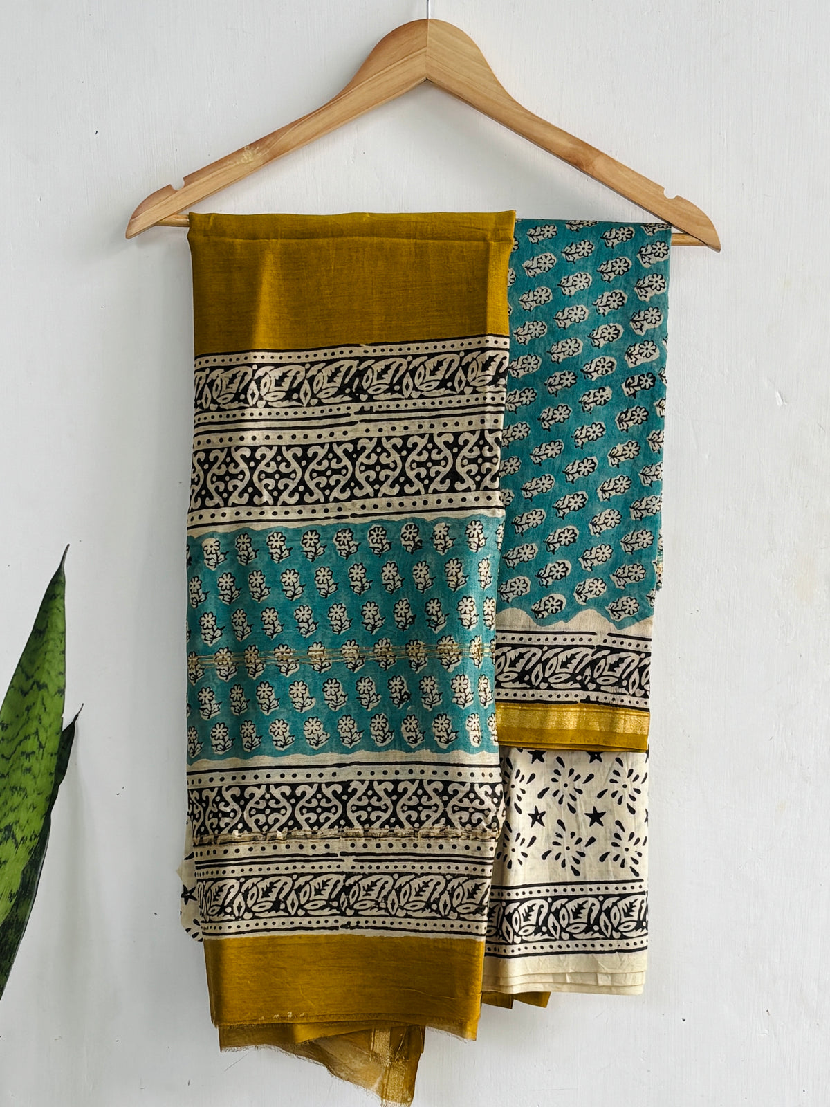 Teal Mustard Floral Handblock Chanderi Silk Suit Set