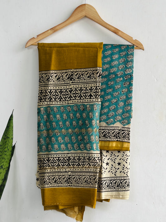 Teal Mustard Floral Handblock Chanderi Silk Suit Set