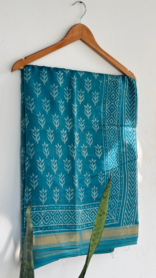 Blue Handblock Printed Maheshwari Silk Saree