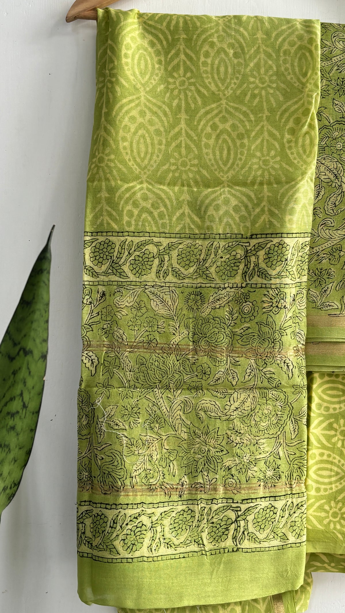 Lime Green Paisley Print Handblock Chanderi Silk Suit Set