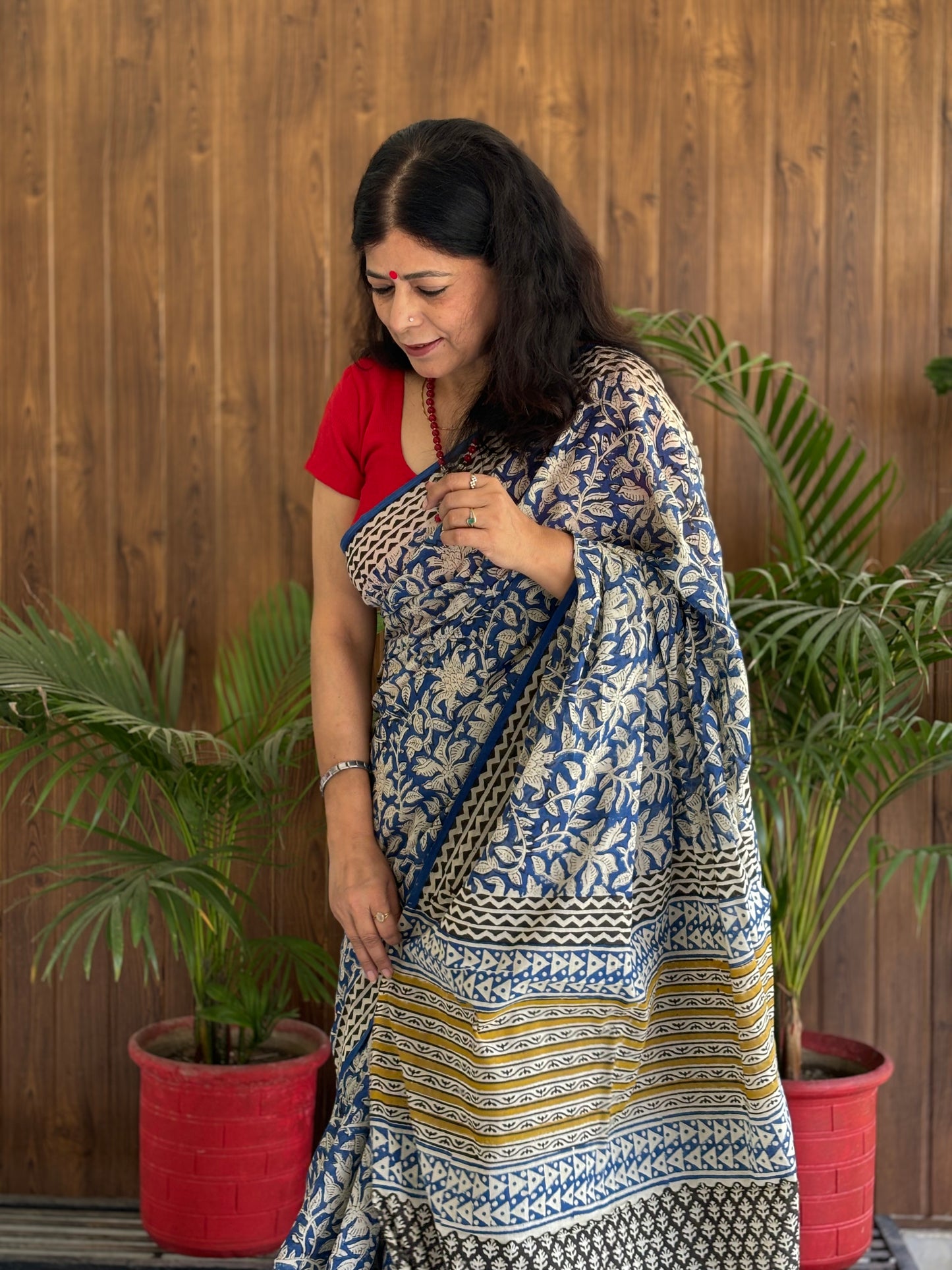 Floral Blue Handblock Printed Mul Cotton Saree