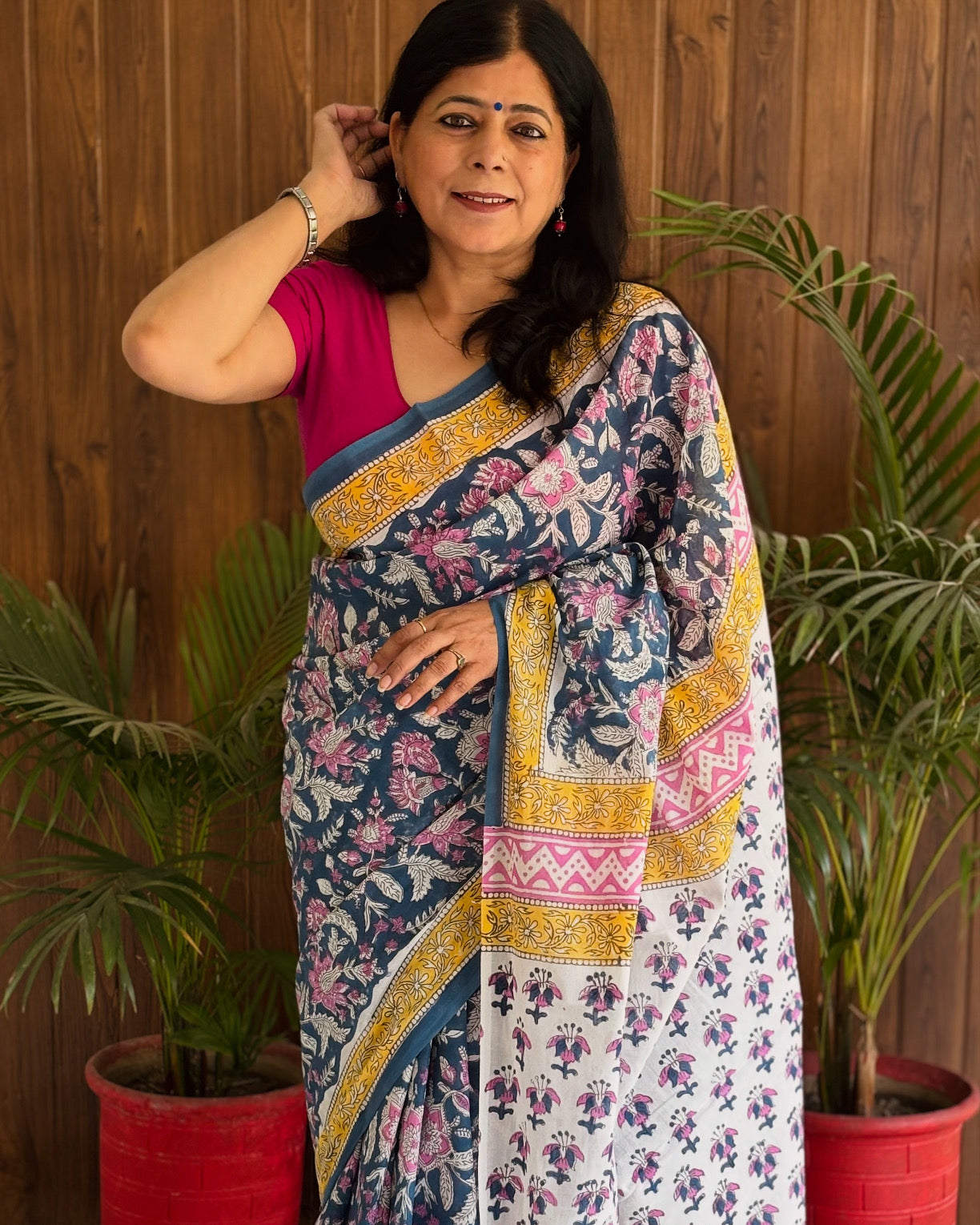 Floral Handblock Printed Mul Cotton Saree