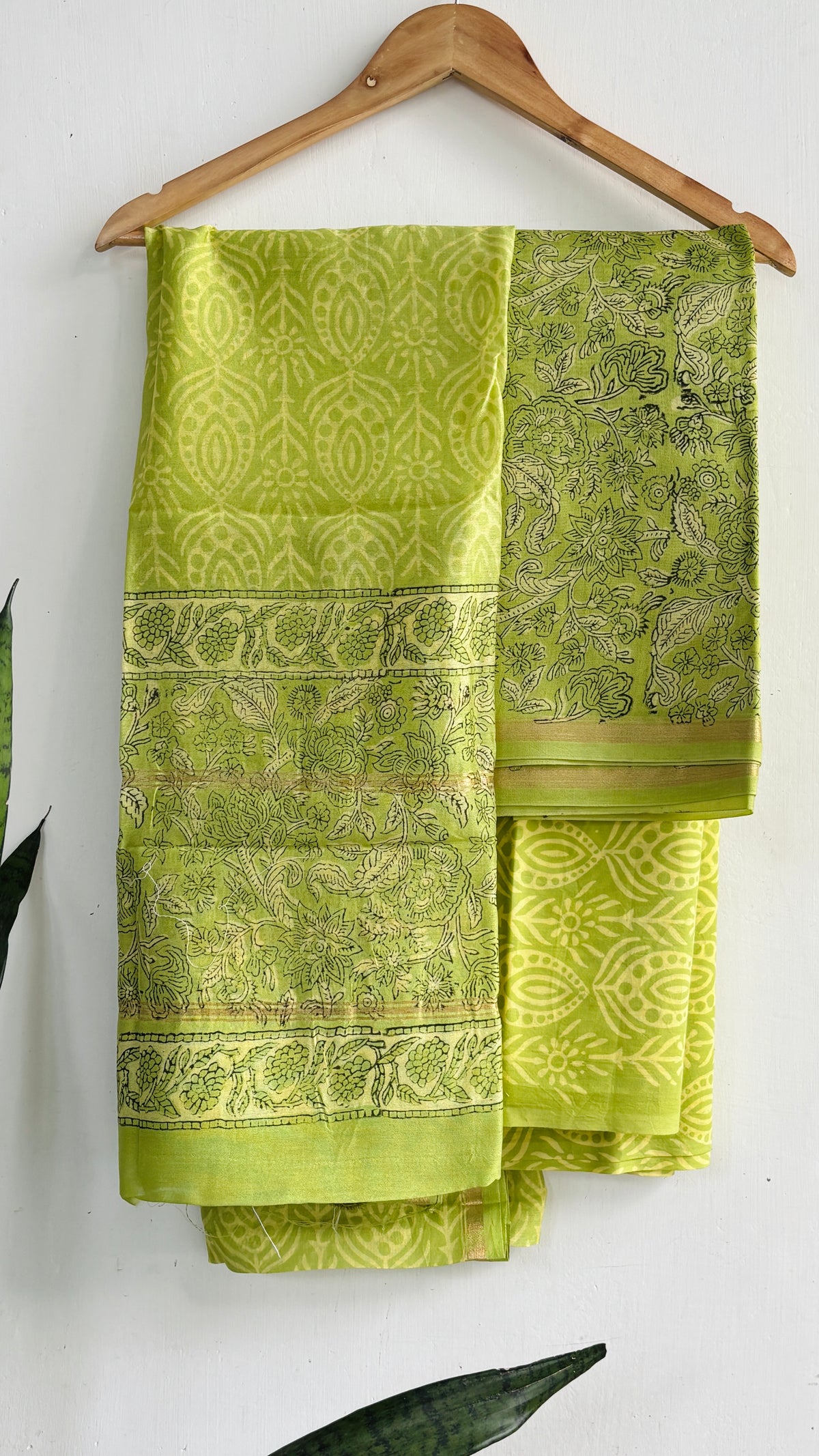 Lime Green Paisley Print Handblock Chanderi Silk Suit Set