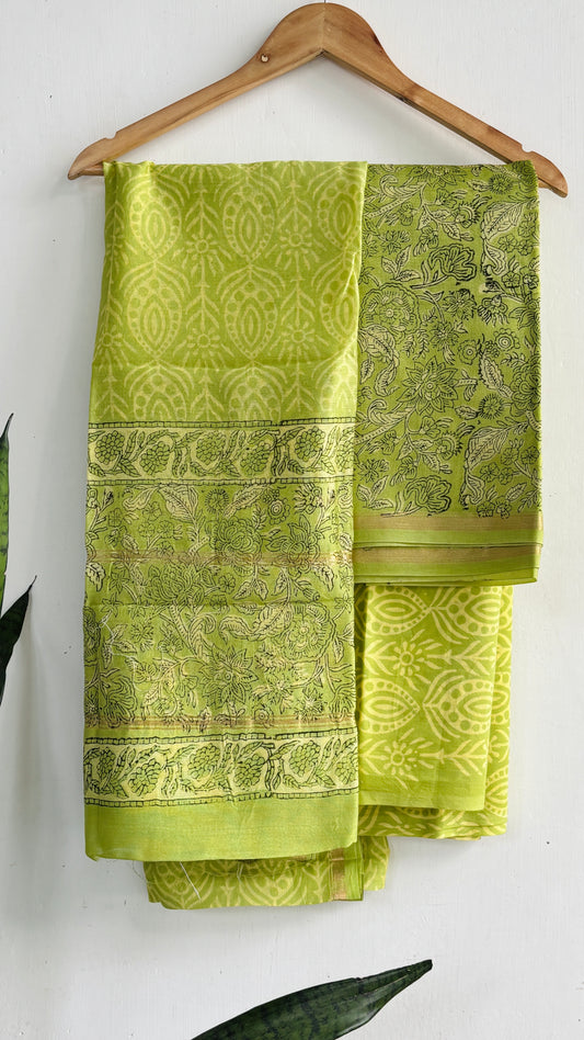 Lime Green Paisley Print Handblock Chanderi Silk Suit Set
